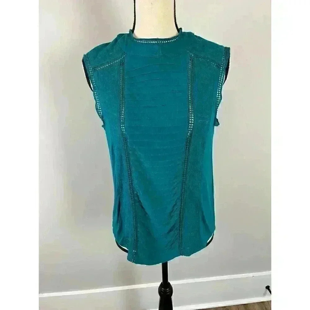Sundance High Neck Women's Sleeveless Blouse Lace Pleated Ruffle PS Teal